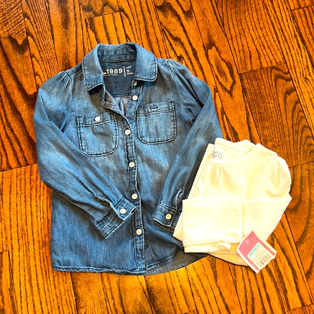 Girls long sleeve chambray denim shirt and white long sleep shirt size 5T